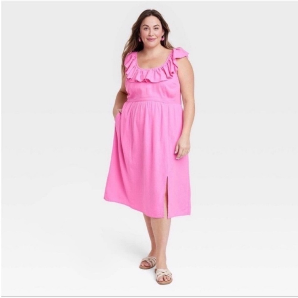 Ava & Viv Coquette Soft Girl Ruffle Neck Sleeveless Smocked Linen Midi Dress.
